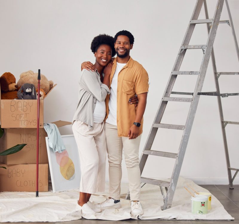 Painting, portrait or home with a black couple in DIY, renovation or house remodel with a paintbrus